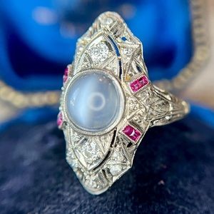 Antique Art Deco Moonstone Ruby and Diamond Cocktail Ring 14k White Gold